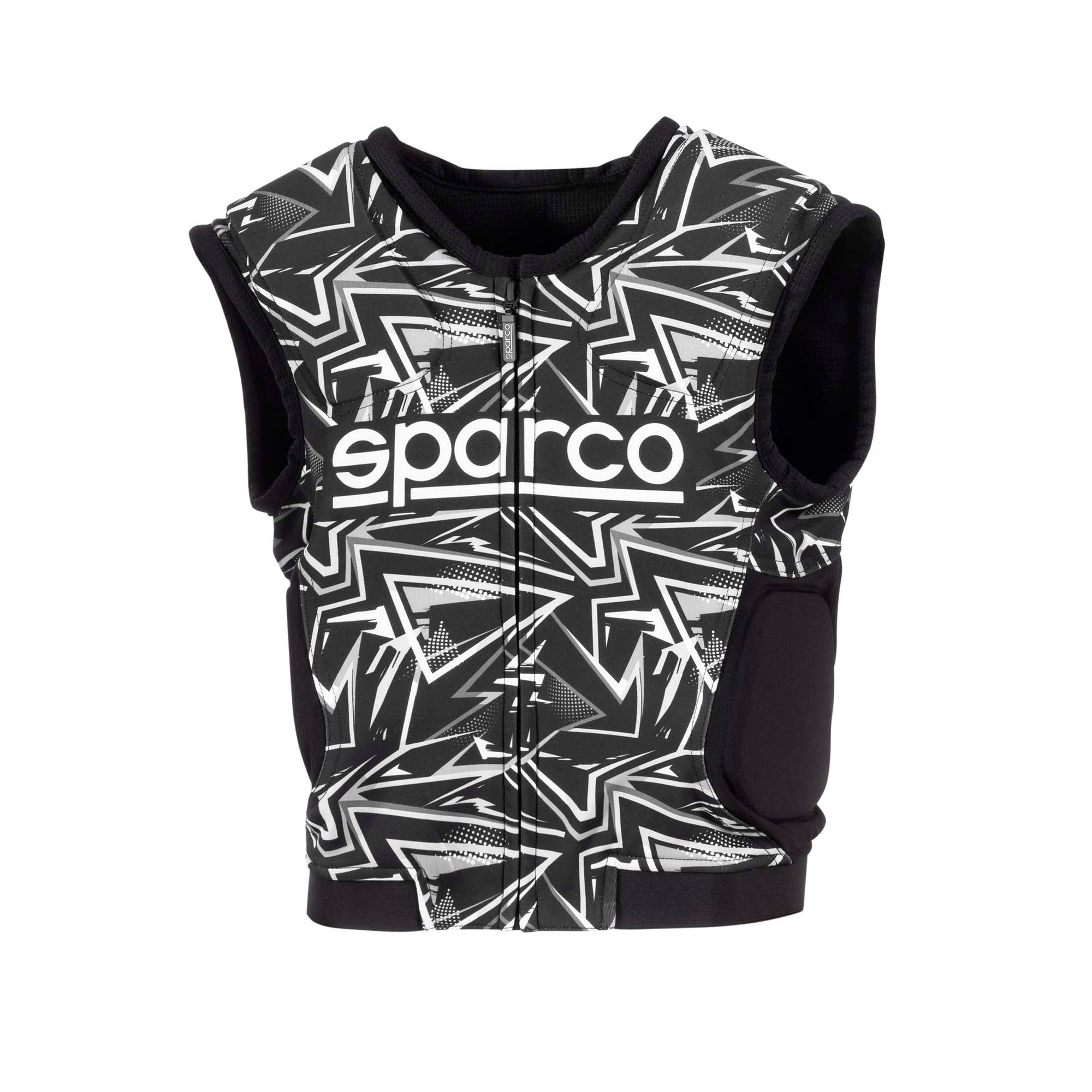 Sparco SJ Pro K-3 karting rib protector vest in black and white, showing zip closure and structured chest and shoulder padding