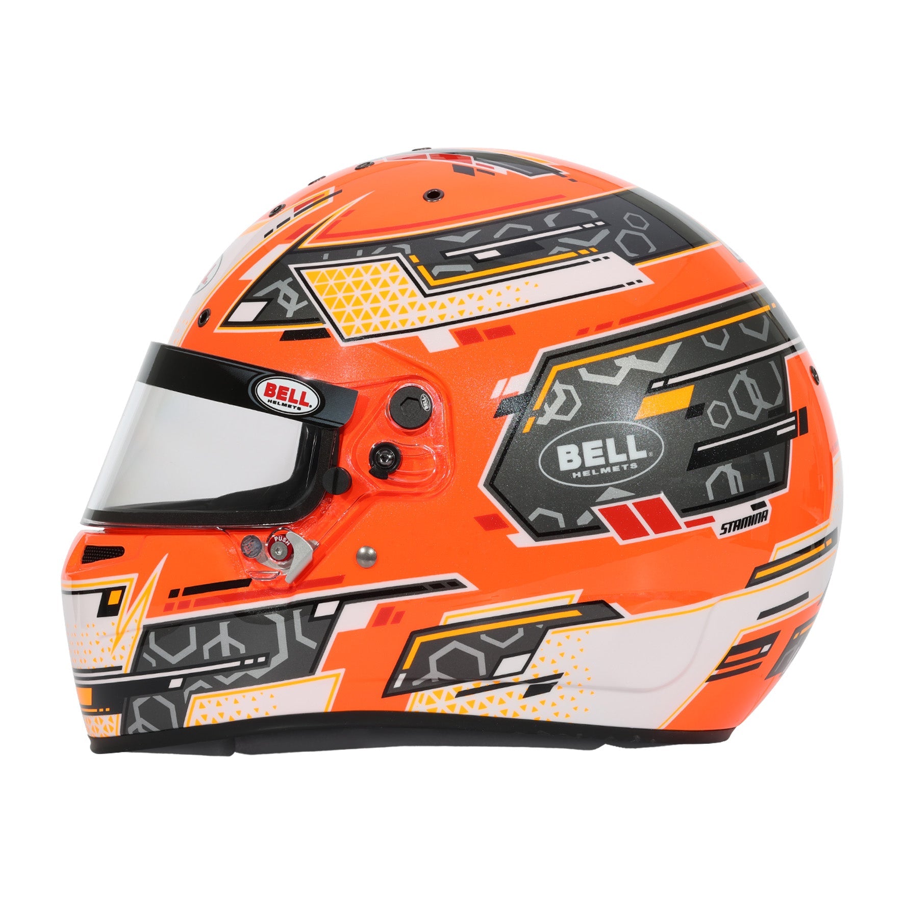 Bell RS7-K Stamina karting helmet side view in anthracite and orange showing composite shell profile and visor, Snell K2025