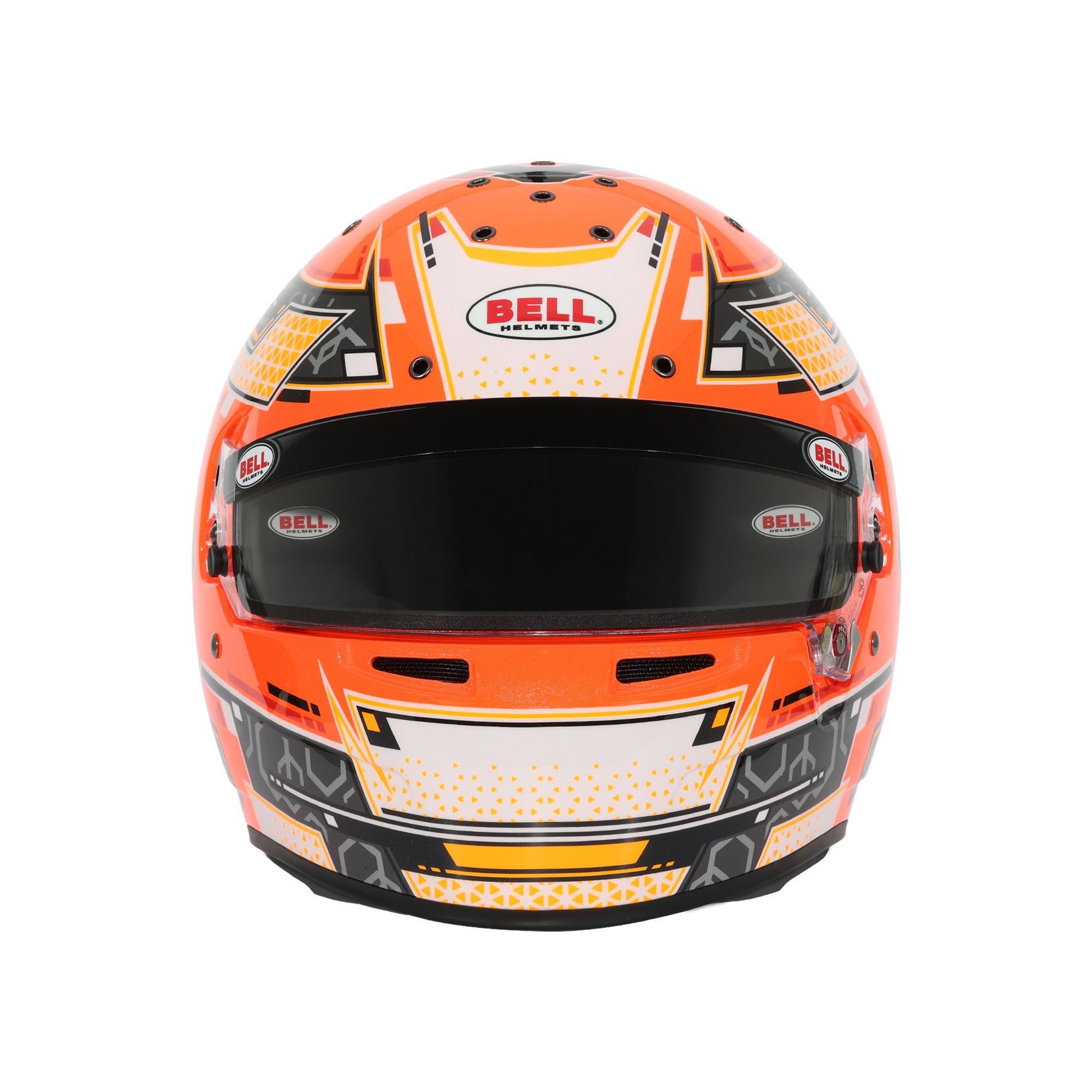 Bell RS7-K Stamina karting helmet front view in anthracite and orange showing chin bar ventilation and DSAF visor, Snell K2025