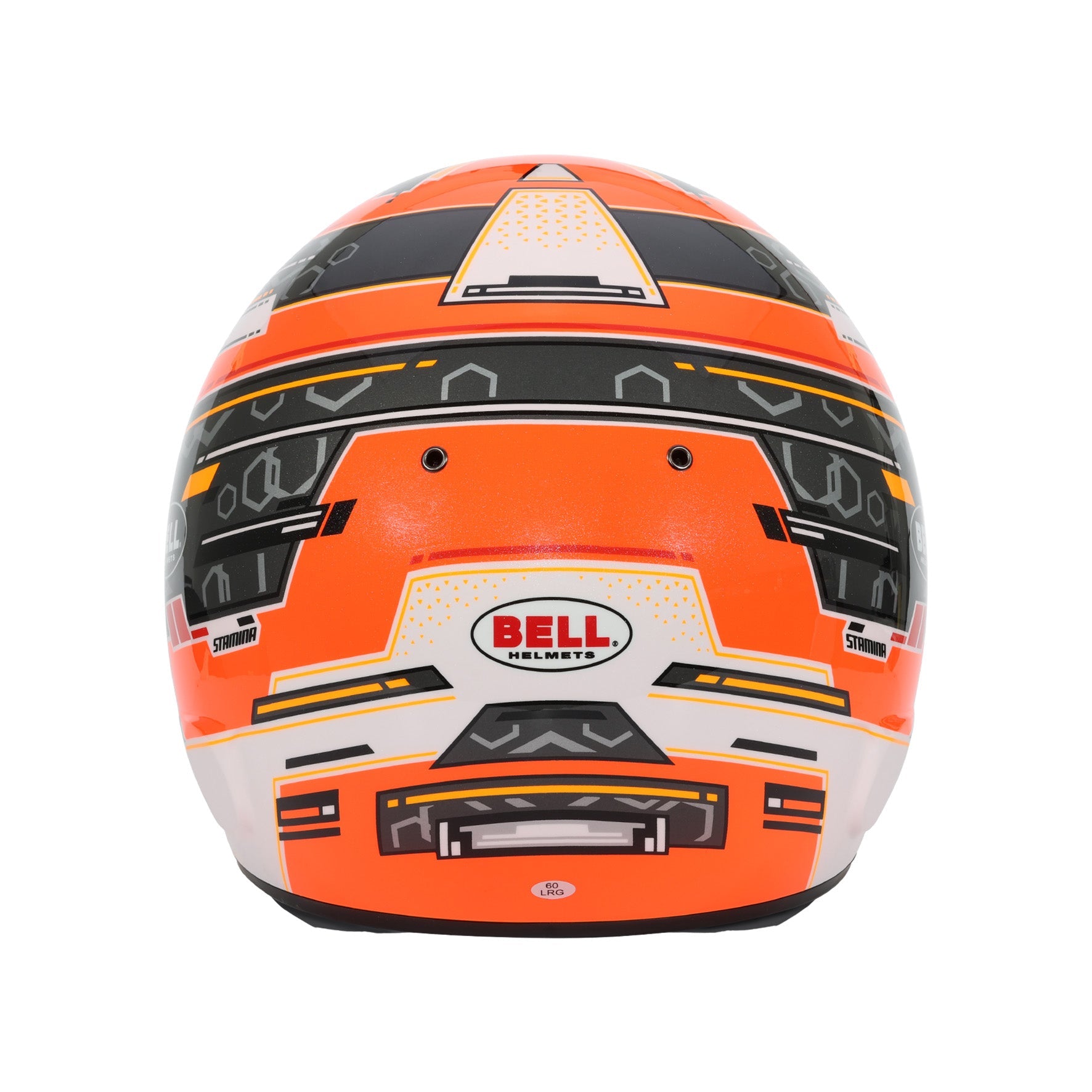 Bell RS7-K Stamina karting helmet rear view in anthracite and orange showing extraction vents and aero shell design, Snell K2025