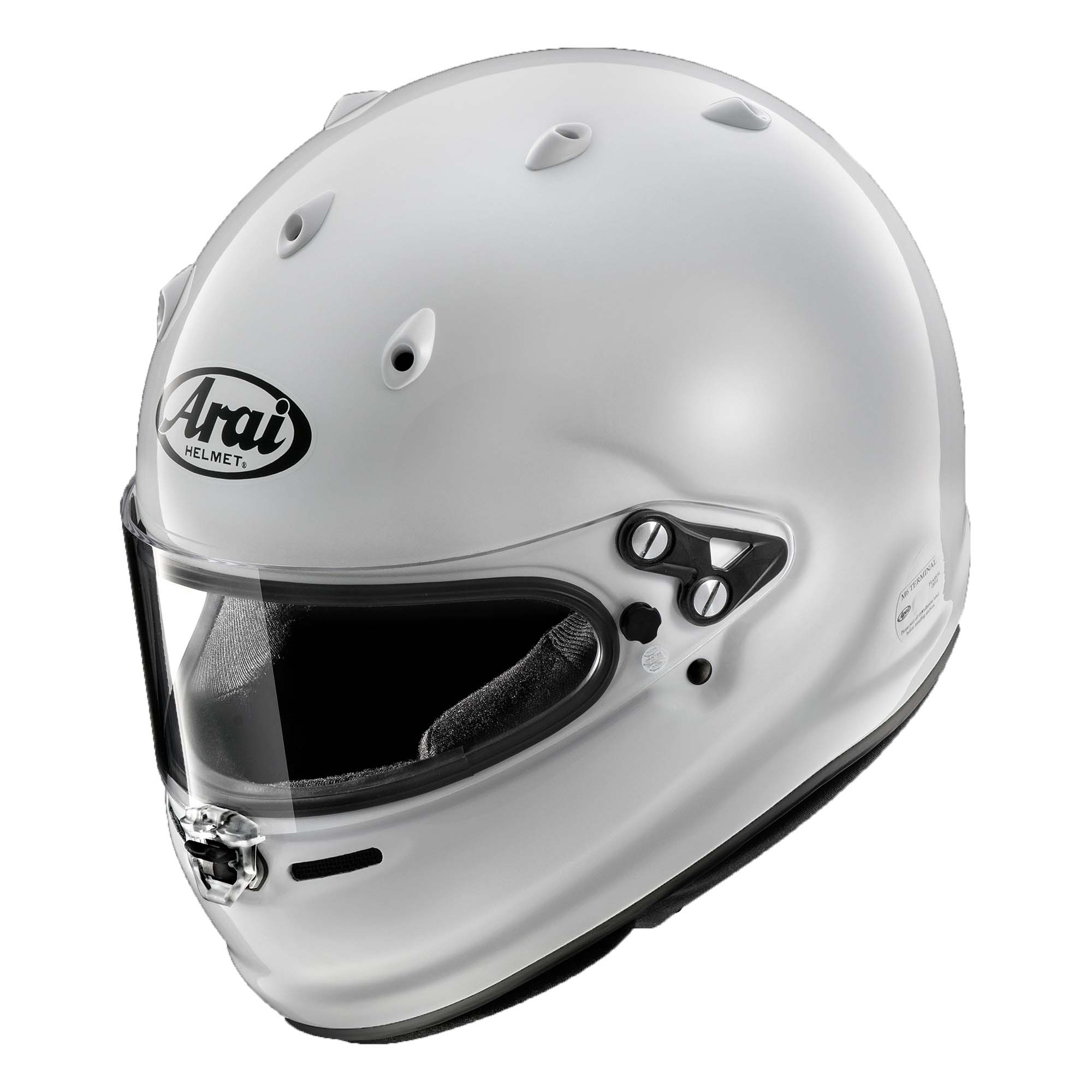 Arai GPV-R SA2025/FIA 8859-2024 racing helmet in White, front three-quarter view showing GP-VAS shield and center lock