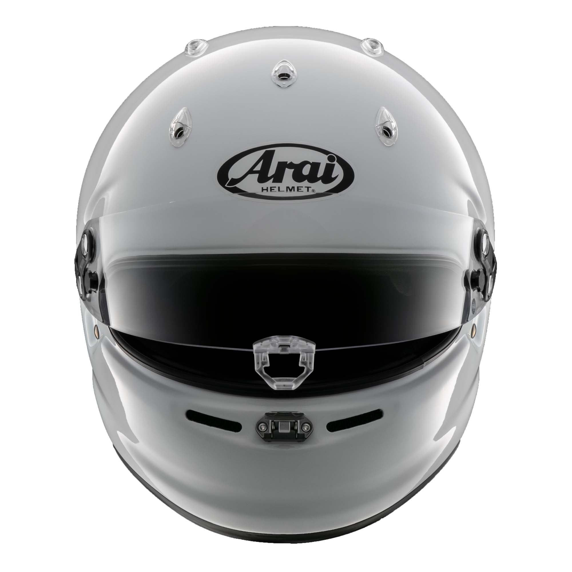Arai GPV-R SA2025/FIA 8859-2024 racing helmet in White, front view showing GP-VAS shield and center lock