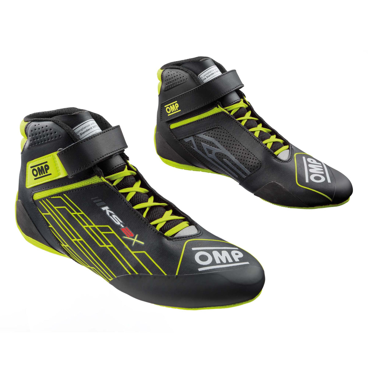 OMP KS-2X FIA 8877-2022 karting shoes in Black/Fluo Yellow with inward Velcro ankle strap