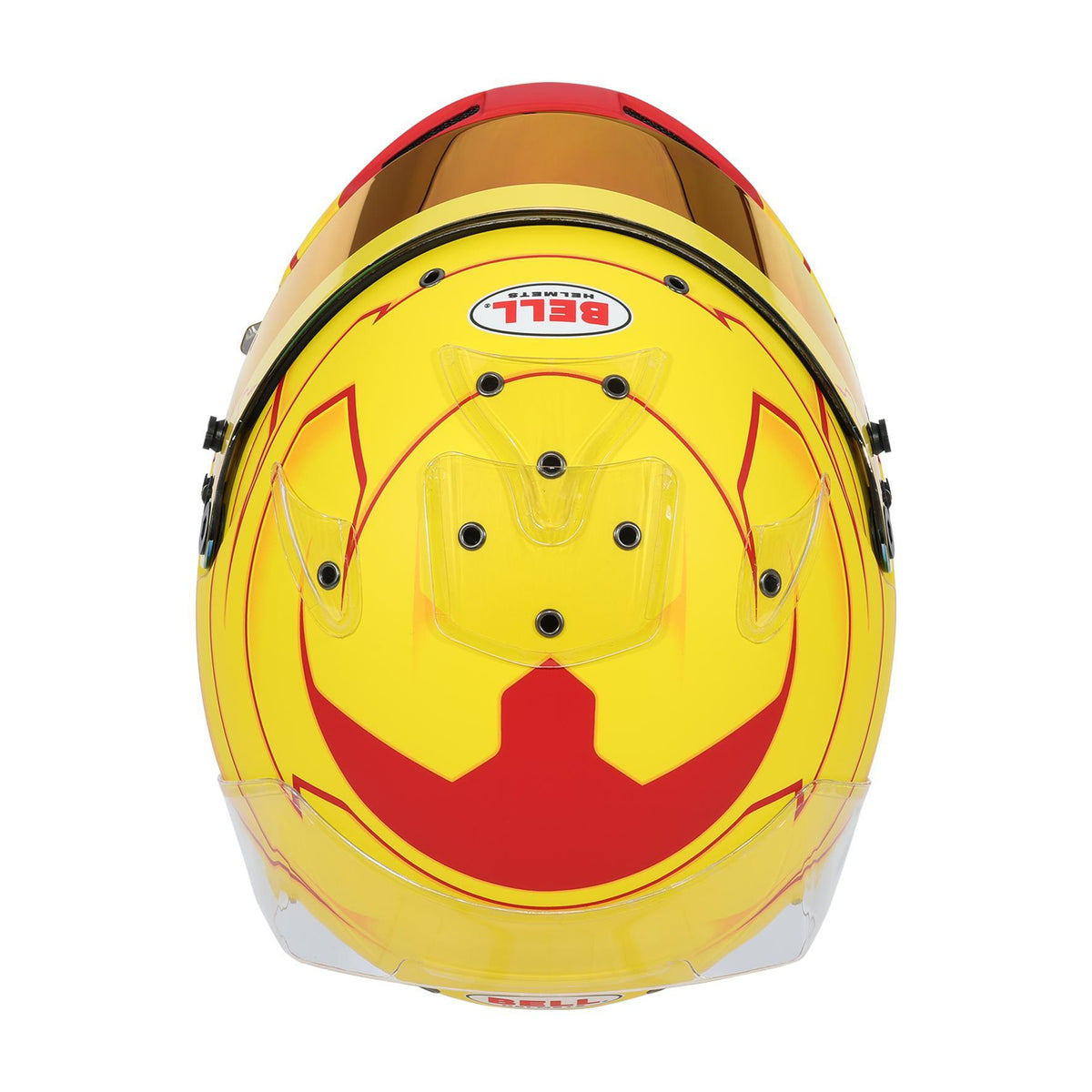 Bell KC7-CMR Pro Lewis Hamilton helmet in Yellow/Red, top view showing top air intake and ventilation channels