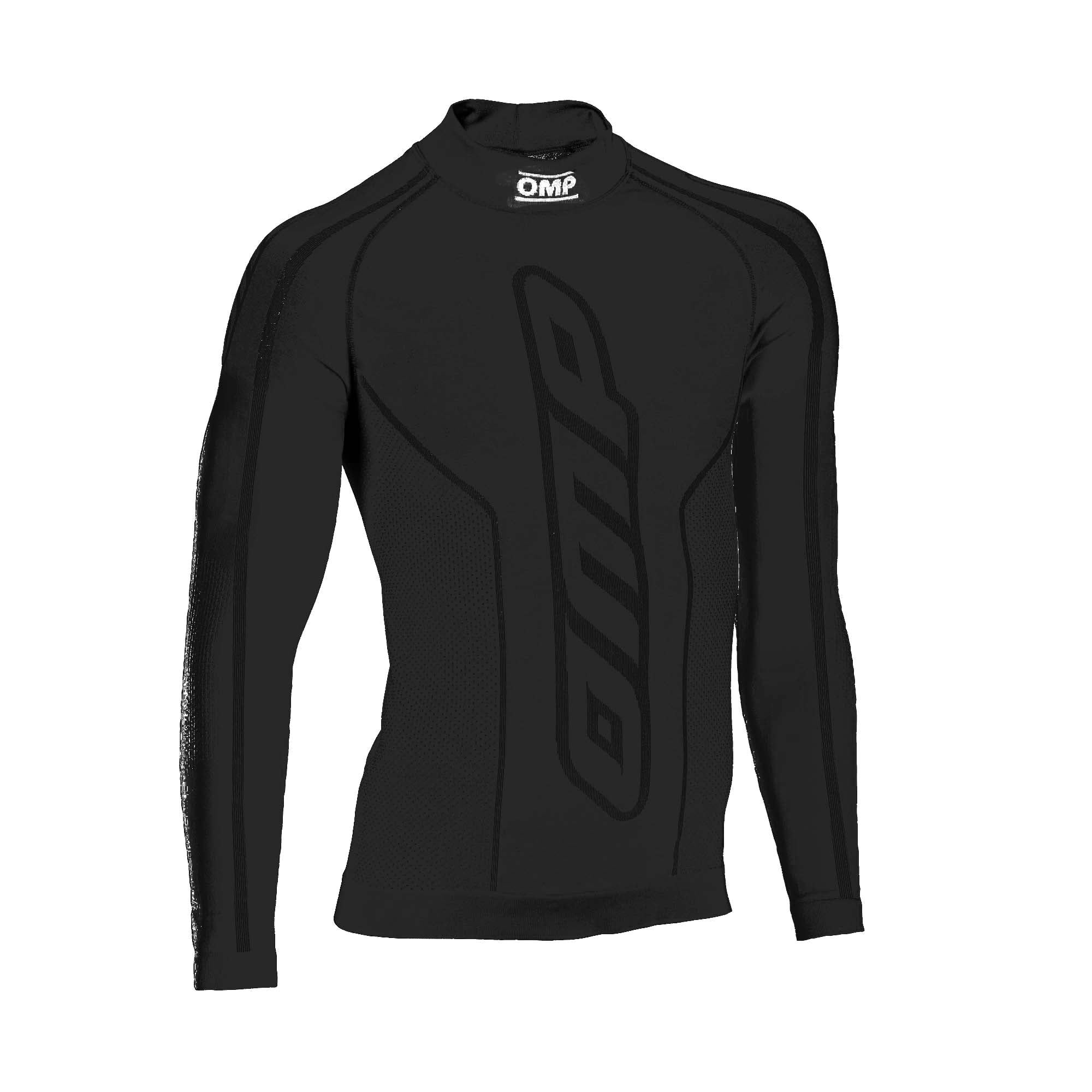 OMP KS karting long sleeve undershirt in black with seamless 3D knit Dryarn fabric designed for moisture wicking and temperature control.
