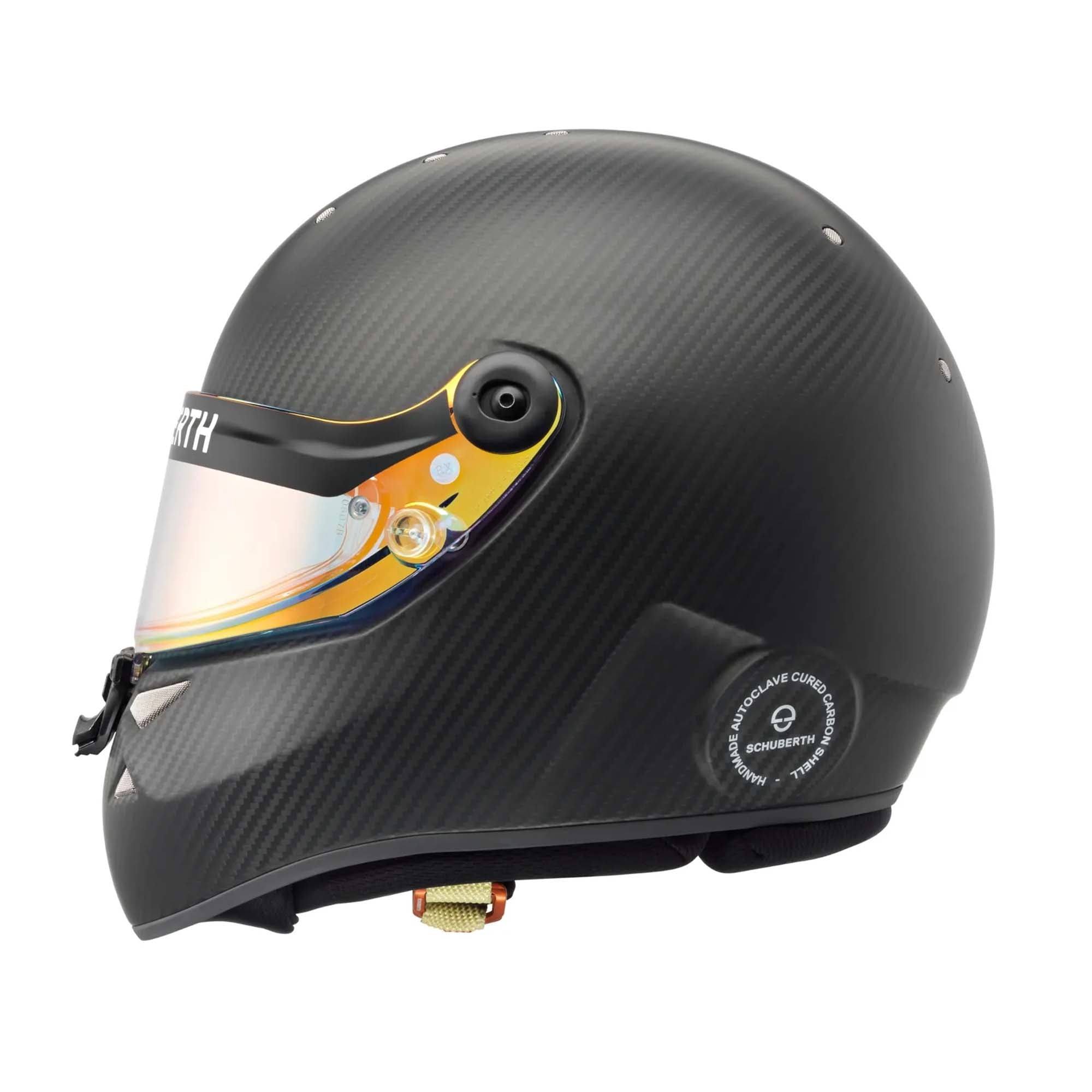 Schuberth SK1 Carbon Evo youth karting helmet, featuring a full pre-preg carbon fiber shell, SDL dual-locking visor system, and Schuberth Performance design derived from F1.