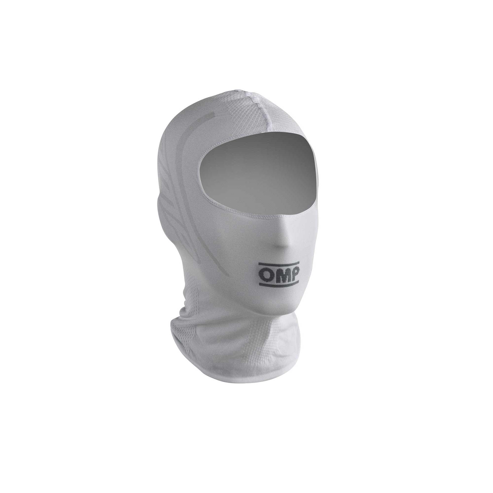 OMP KS youth karting balaclava in white with seamless Dryarn fabric designed for moisture wicking and breathable comfort under a karting helmet.