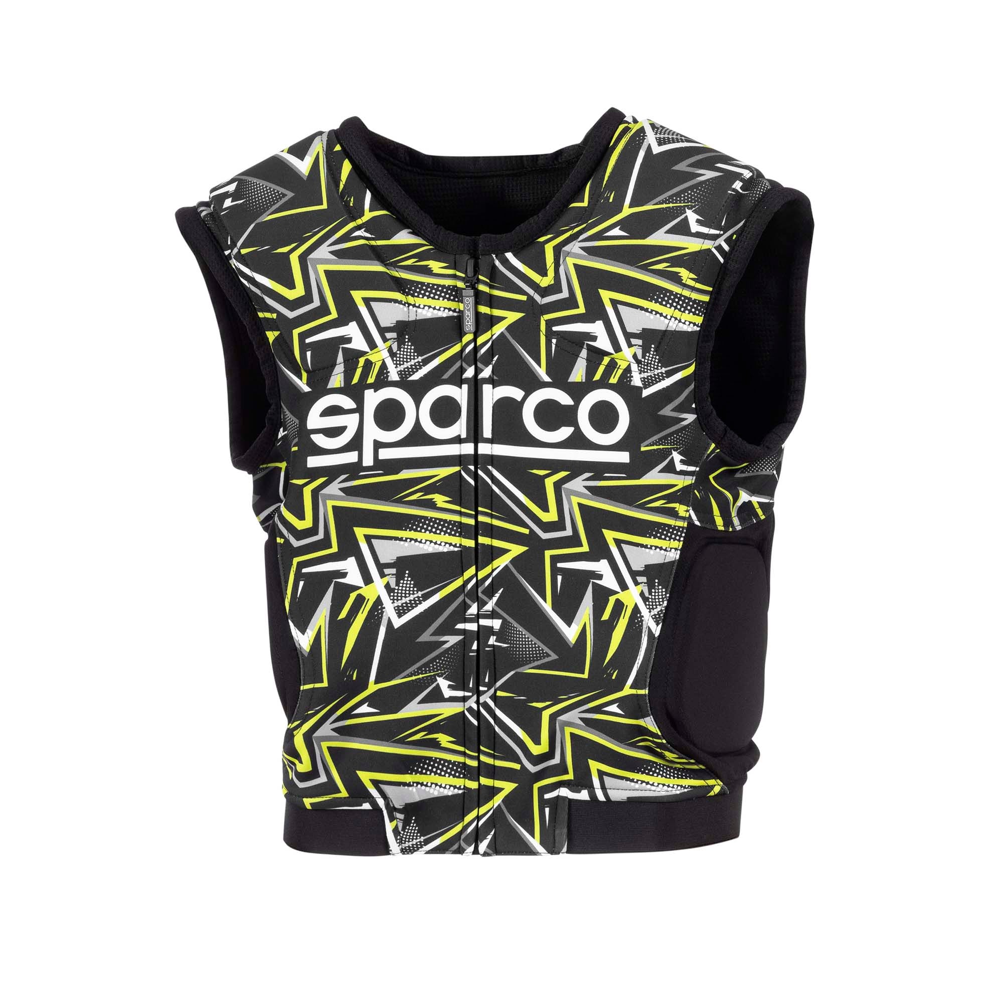 Sparco SJ Pro K-3 karting rib protector vest in black and yellow with full-length zip closure and structured impact padding