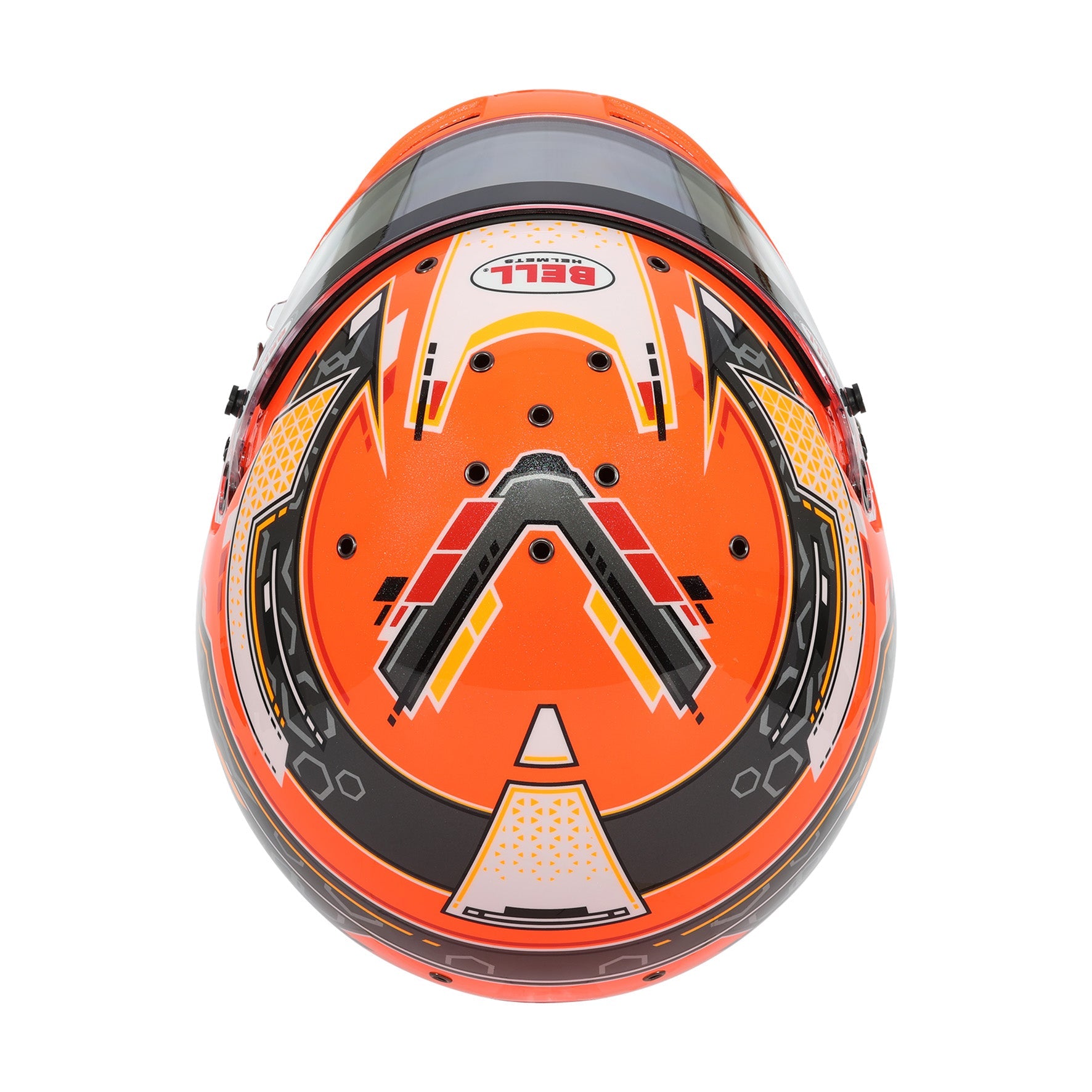 Bell RS7-K Stamina karting helmet top view in anthracite and orange showing multi-channel air intake ventilation system, Snell K2025