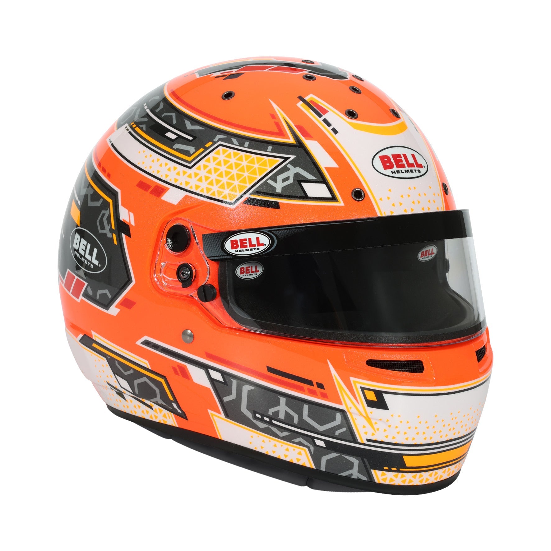 Bell RS7-K Stamina karting helmet right profile view in anthracite and orange showing shell geometry and pivot kit, Snell K2025
