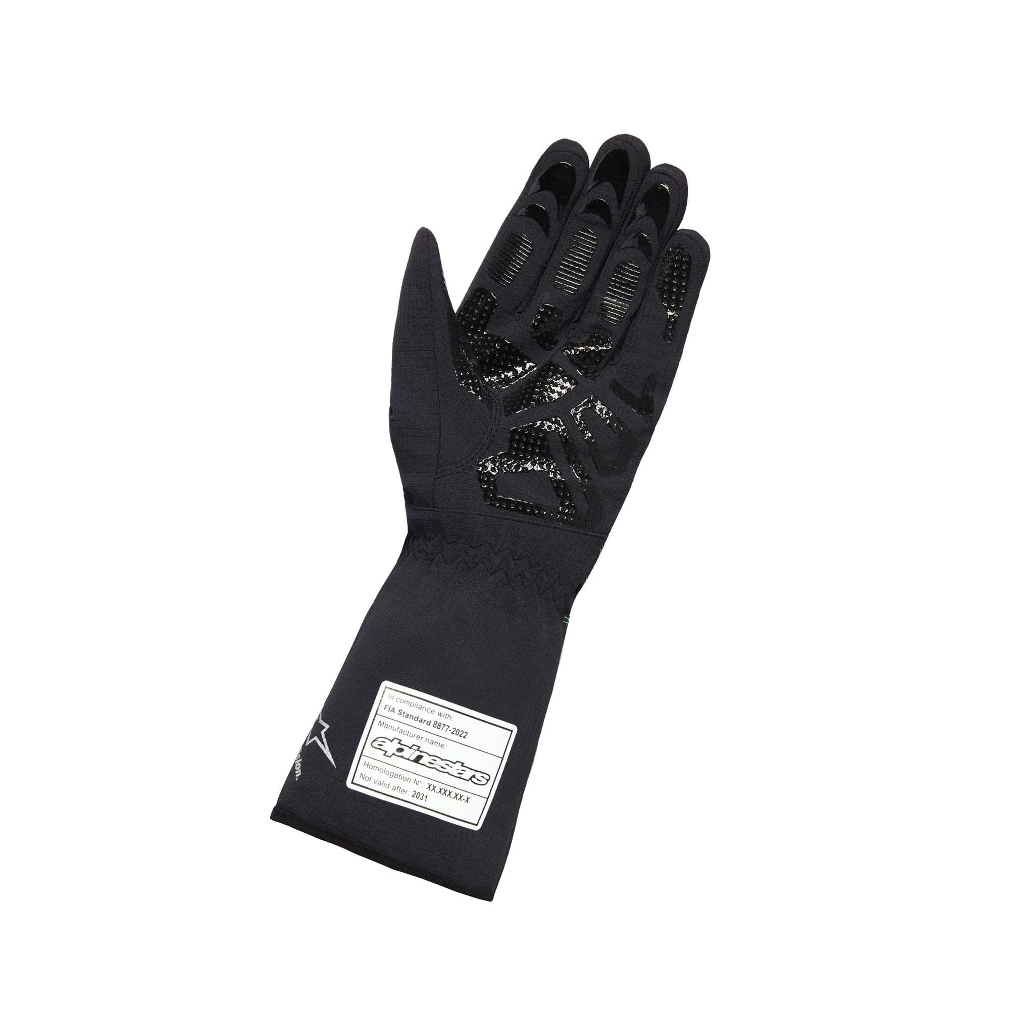 Silicone-printed palm of the Alpinestars Tempest V3 Waterproof S Karting Gloves in Black/Fluo Green, showing and ripstop outer shell.
