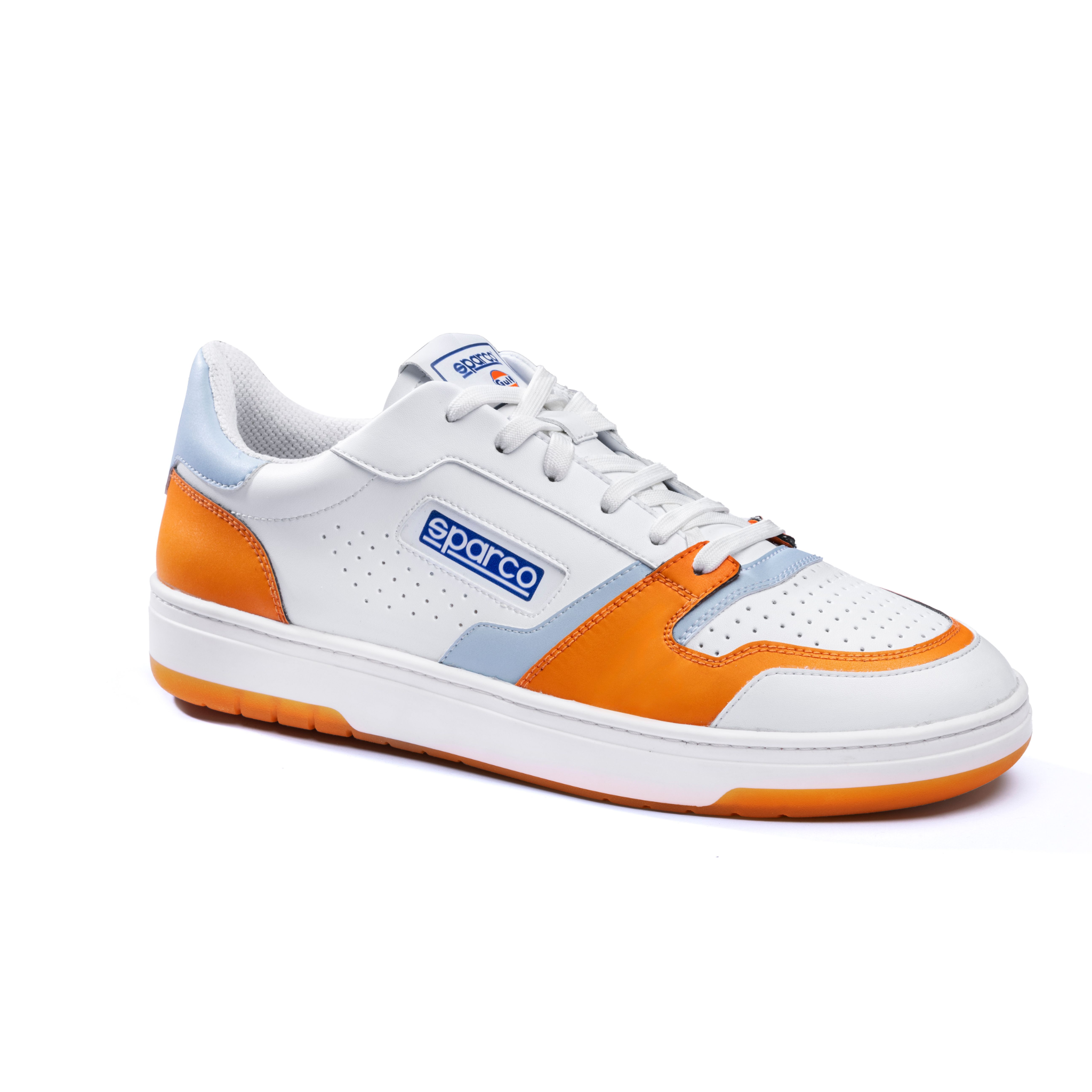 Sparco Gulf S-Urban lifestyle sneaker featuring iconic Gulf Racing light blue and orange livery on synthetic leather upper