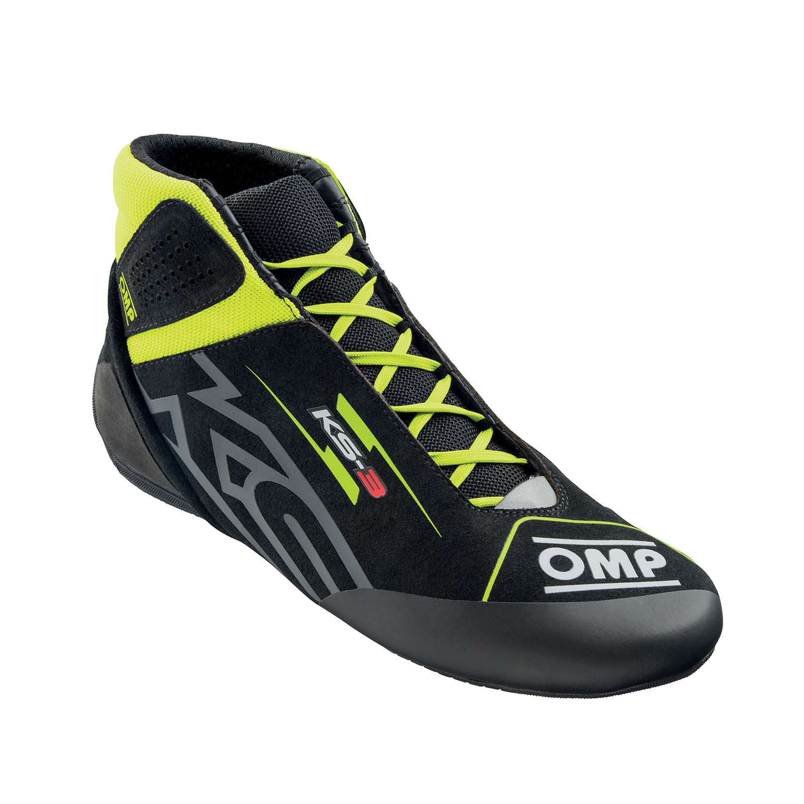 OMP KS-3 v3 adult karting shoes in black suede with fluo yellow accents and two-tone kart-specific outsole