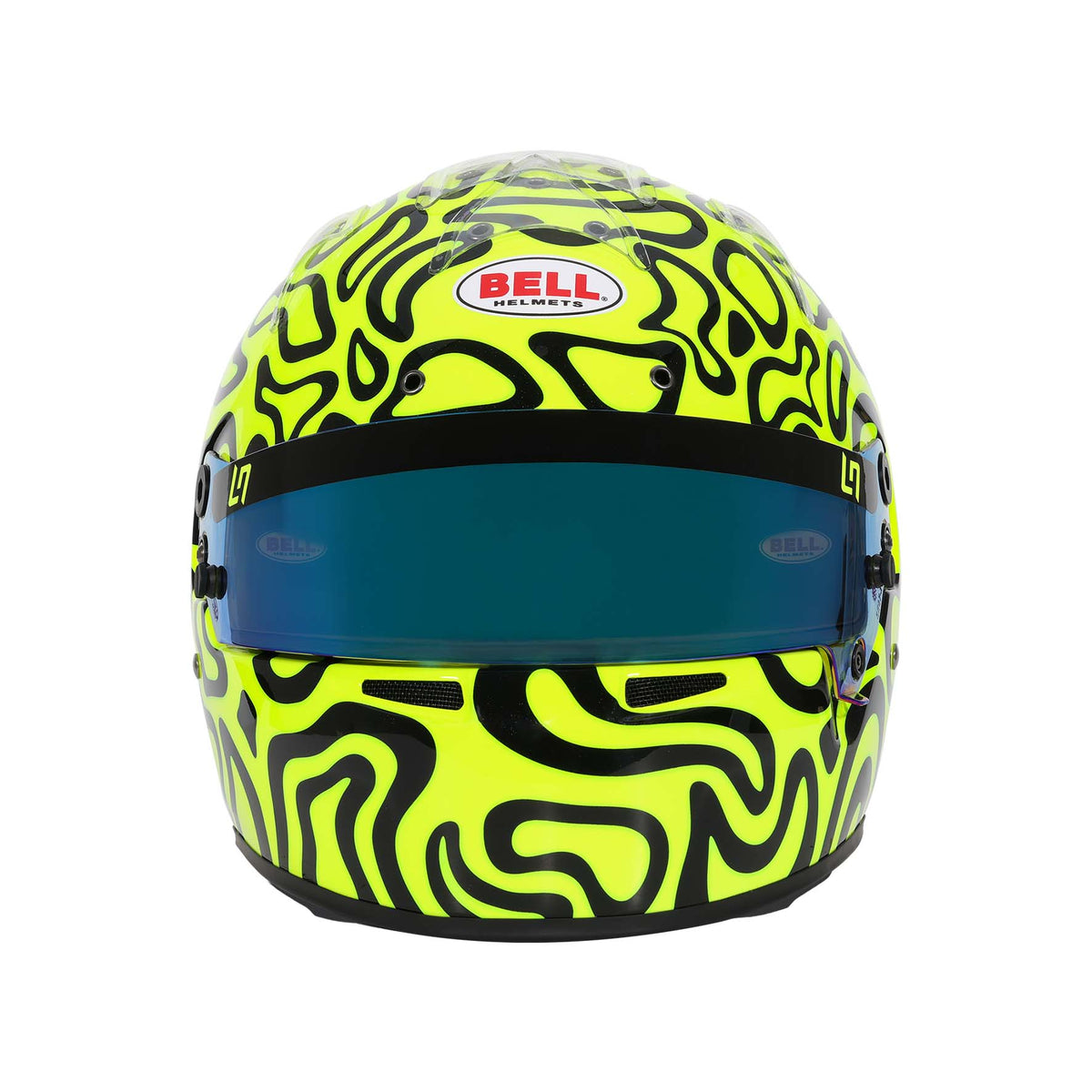 Bell KC7-CMR Pro Lando Norris helmet in Fluorescent Yellow/Black, front view showing DSAF visor and chin-bar ventilation