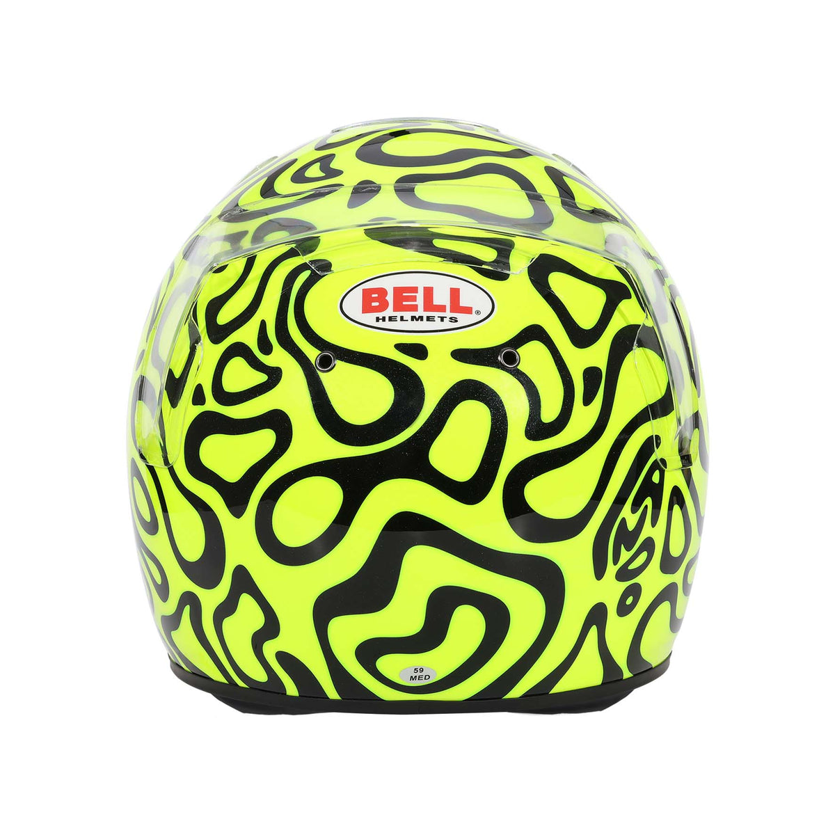 Bell KC7-CMR Pro Lando Norris helmet in Fluorescent Yellow/Black, rear view showing shell curvature and mounted rear spoiler