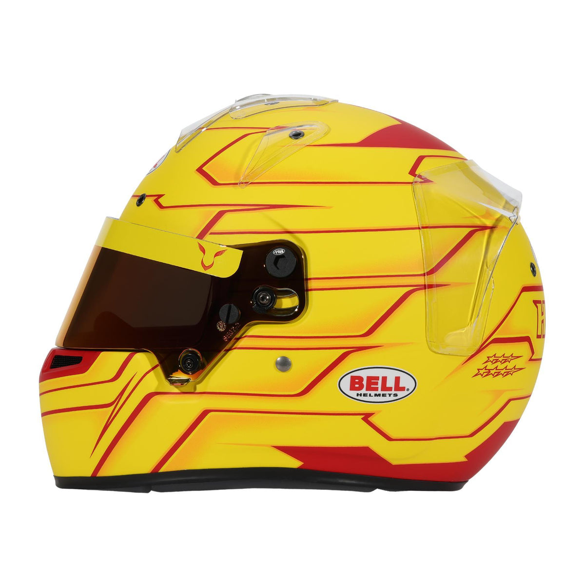 Bell KC7-CMR Pro Lewis Hamilton helmet in Yellow/Red, left-side profile showing shell contour and side air intake