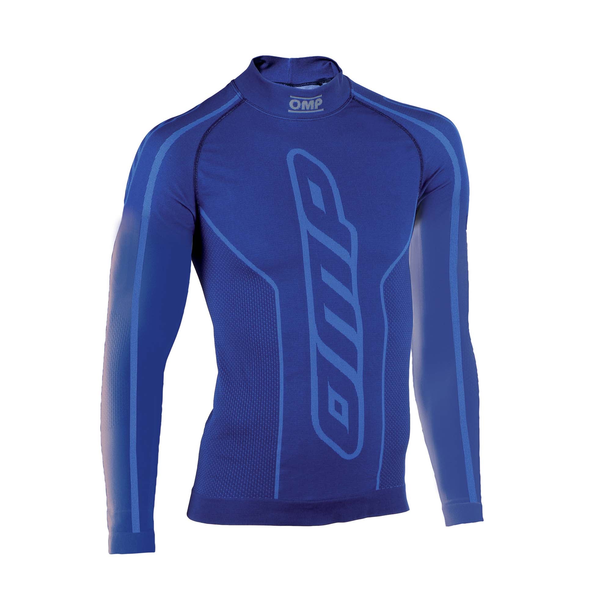 OMP KS karting long sleeve undershirt in blue with seamless 3D knit Dryarn fabric designed for moisture wicking and temperature control.
