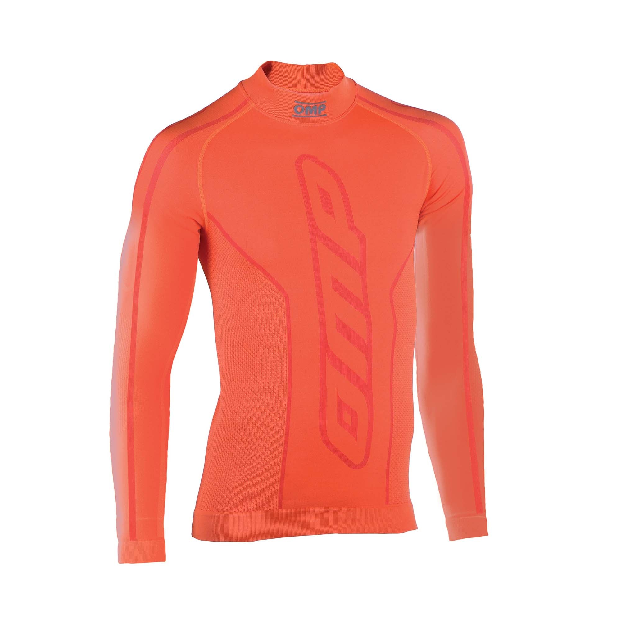 OMP KS karting long sleeve undershirt in orange with seamless 3D knit Dryarn fabric designed for moisture wicking and temperature control.