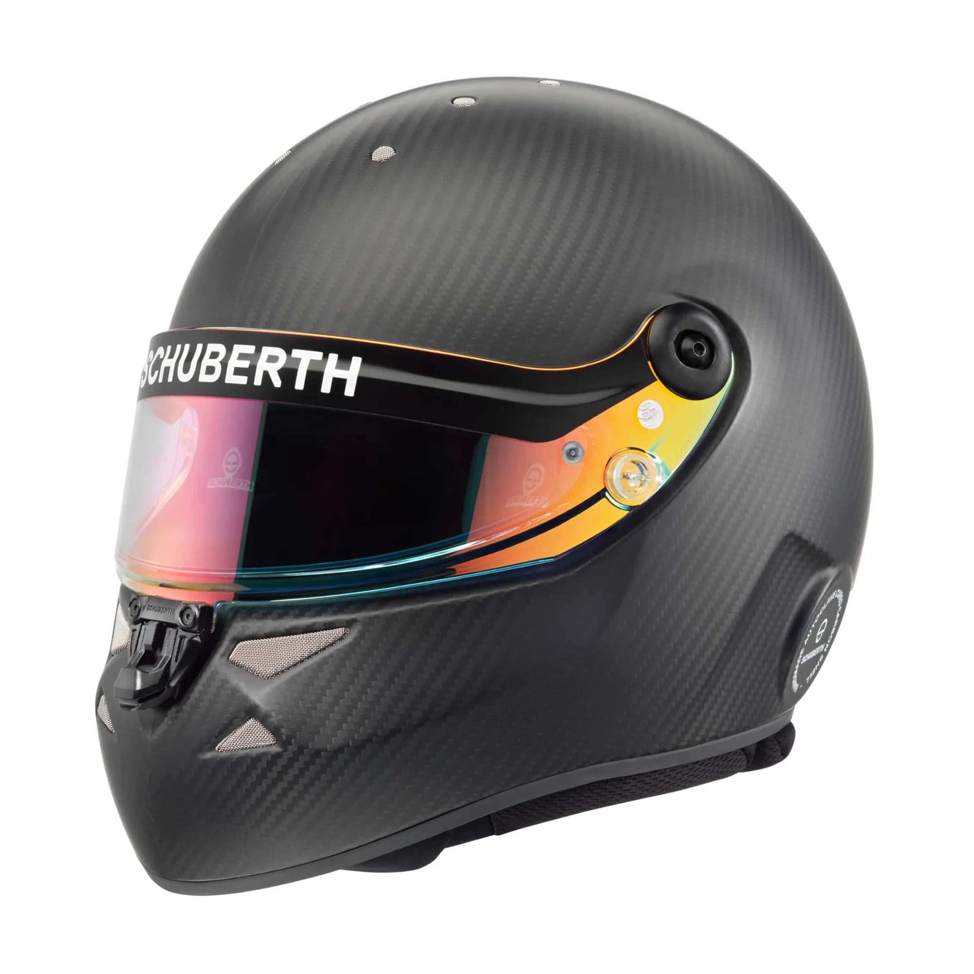 Schuberth SK1 Carbon Evo youth karting helmet, featuring a full pre-preg carbon fiber shell, SDL dual-locking visor system, and Schuberth Performance design derived from F1.