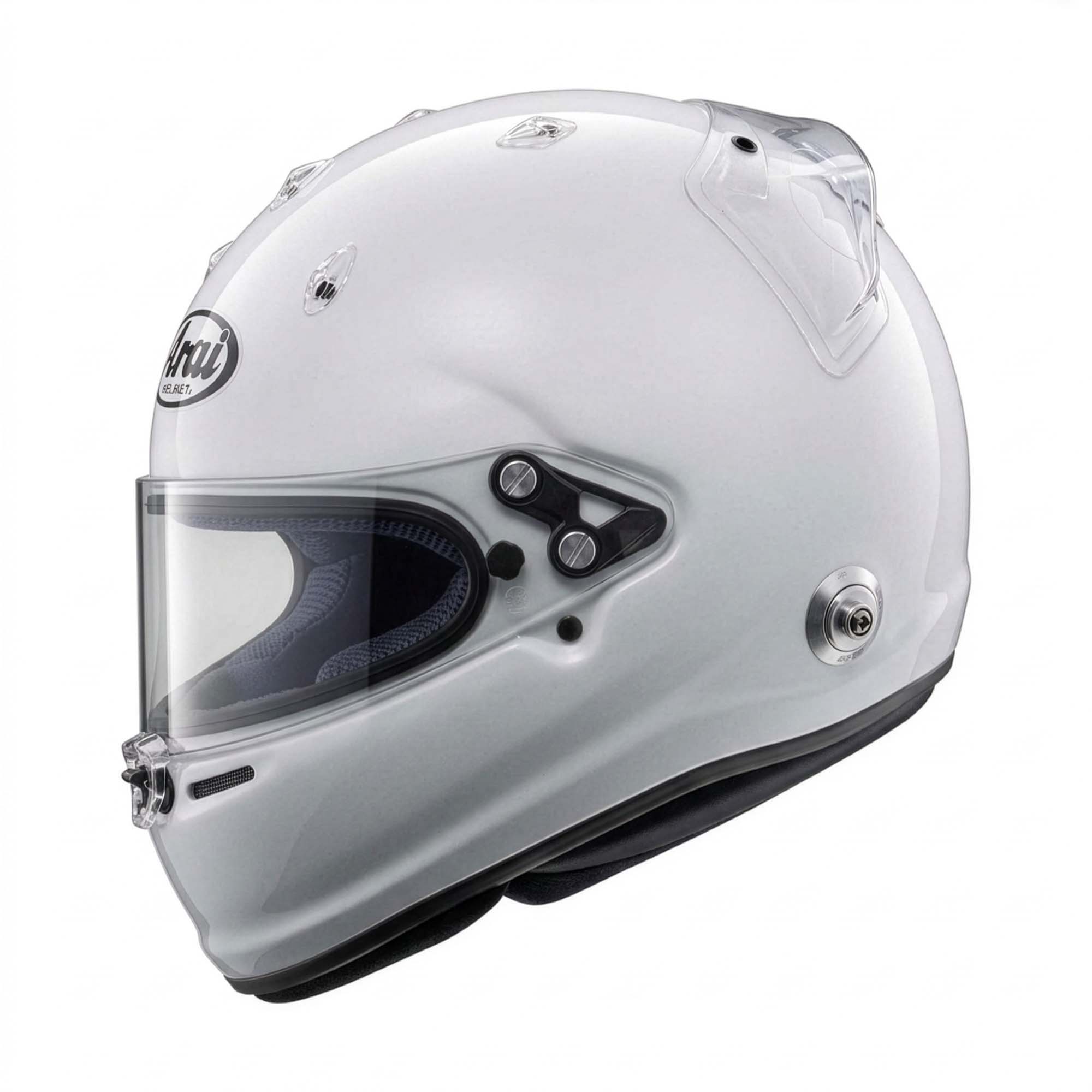 Arai GPV-R SA2025/FIA 8859-2024 auto racing helmet in gloss white, side profile showing GP-VAS visor system and HANS posts