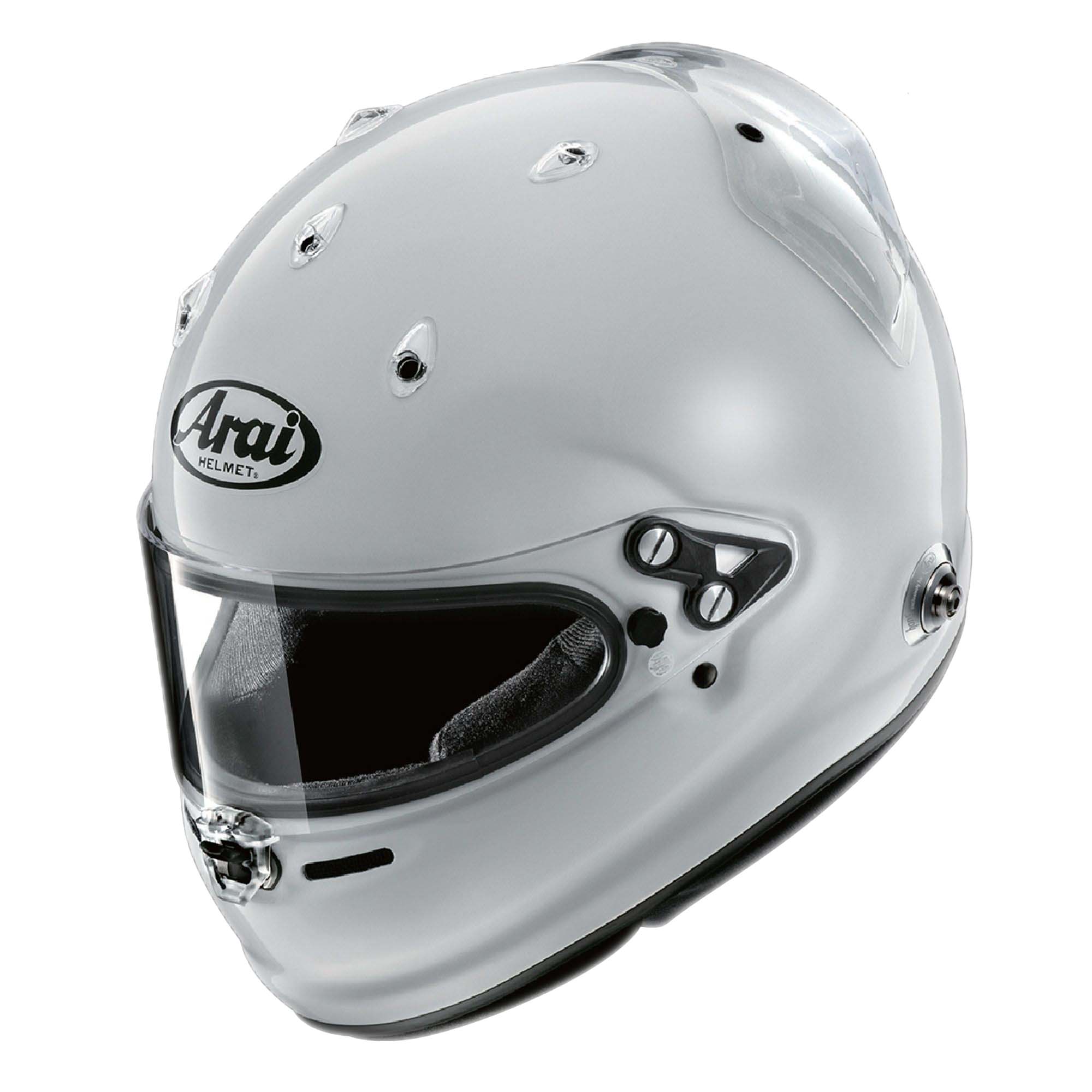 Arai GPV-R helmet design innovations diagram showing shell construction, visor centre lock, eyeport, cheek pads, centre pad, and ventilation duct